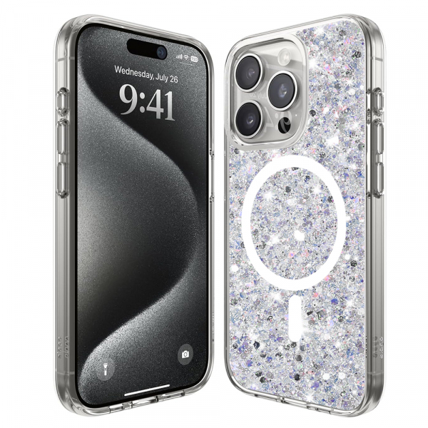 Husa MagSafe pentru Apple iPhone 15 Pro, Techsuit, Sparkly Glitter, Alba
