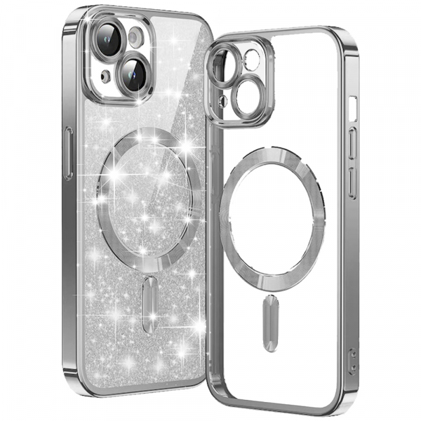 Husa MagSafe pentru Apple iPhone 15, Techsuit, Luxury Glitter, Argintie