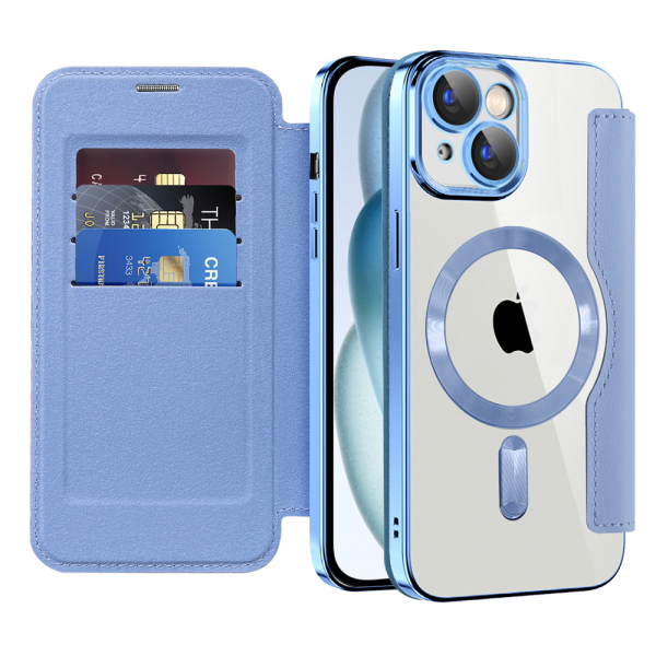 Husa MagSafe pentru Apple iPhone 15, Techsuit, SmartMag Book, Bleu