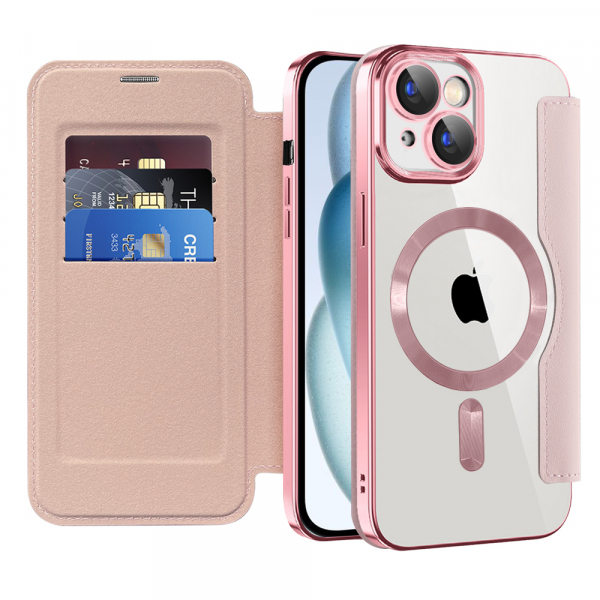 Husa MagSafe pentru Apple iPhone 15, Techsuit, SmartMag Book, Roz