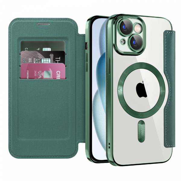 Husa MagSafe pentru Apple iPhone 15, Techsuit, SmartMag Book, Verde