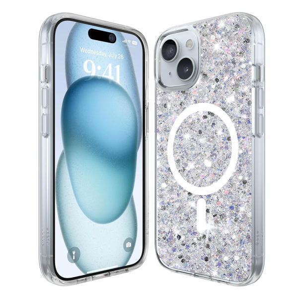 Husa MagSafe pentru Apple iPhone 15, Techsuit, Sparkly Glitter, Alba