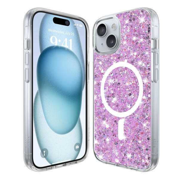 Husa MagSafe pentru Apple iPhone 15, Techsuit, Sparkly Glitter, Magenta