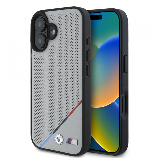 Husa MagSafe pentru Apple iPhone 16, BMW, M Perforated Tricolor Line, Gri
