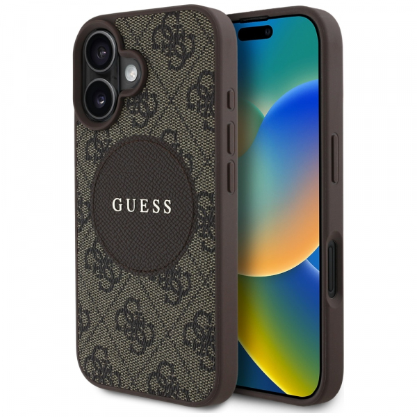 Husa MagSafe pentru Apple iPhone 16, Guess, 4G Circle Classic Logo, Maro