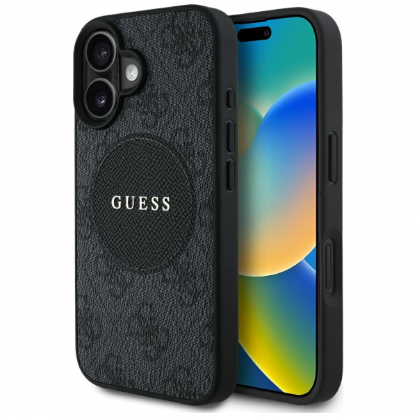 Husa MagSafe pentru Apple iPhone 16, Guess, 4G Circle Classic Logo, Neagra