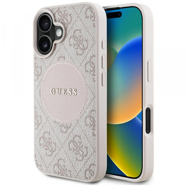 Husa MagSafe pentru Apple iPhone 16, Guess, 4G Circle Classic Logo, Roz