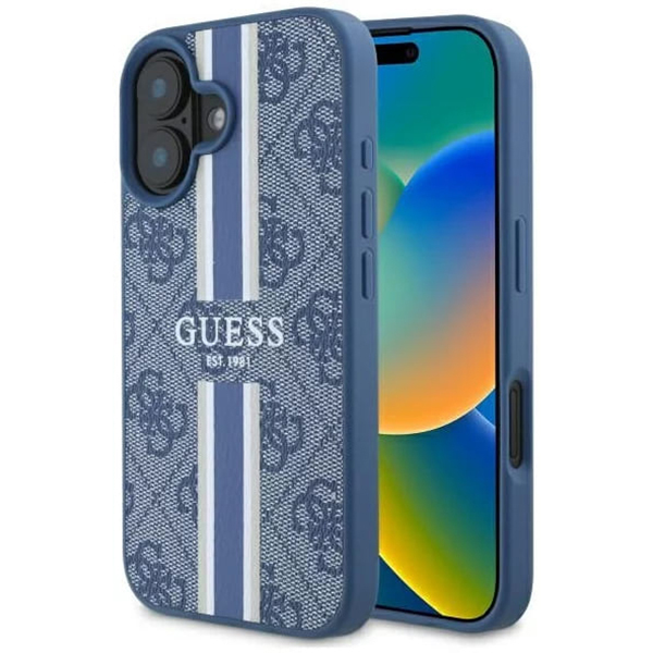 Husa MagSafe pentru Apple iPhone 16, Guess, 4G Printed Stripes, Albastra