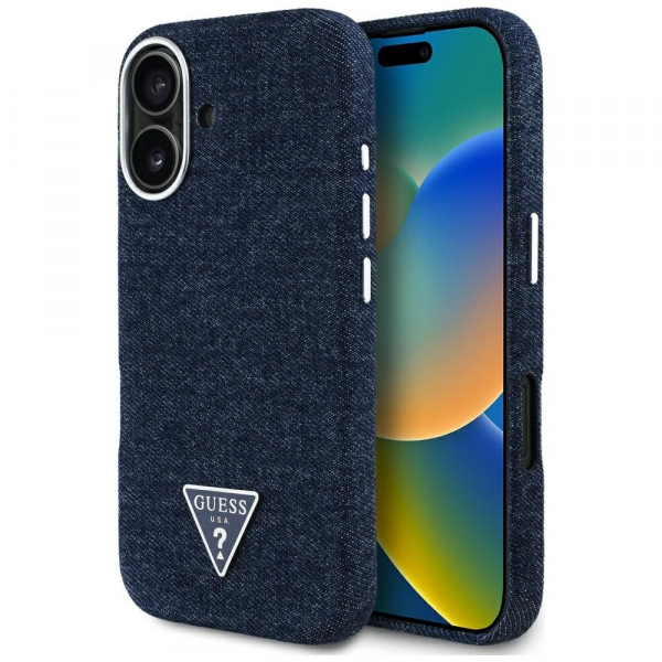 Husa MagSafe pentru Apple iPhone 16, Guess, Denim Triangle Logo, Albastra