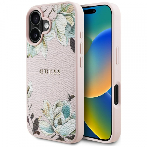 Husa MagSafe pentru Apple iPhone 16, Guess, Grained Flowers, Roz