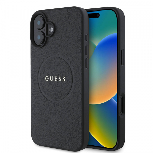 Husa MagSafe pentru Apple iPhone 16, Guess, Grained Gold Ring, Neagra
