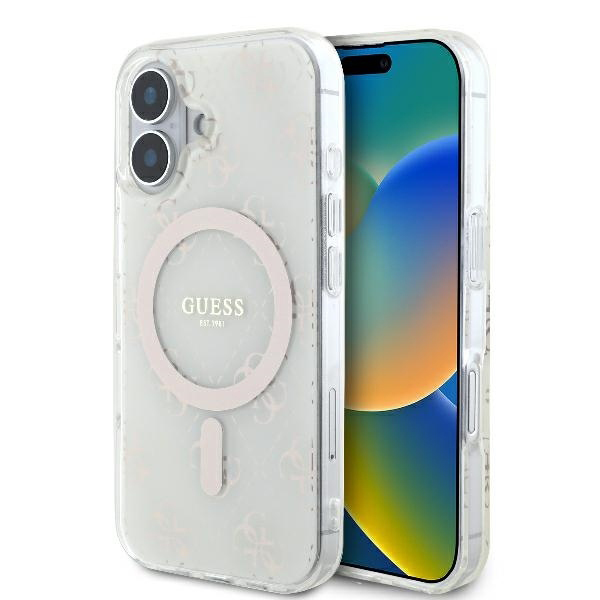 Husa MagSafe pentru Apple iPhone 16, Guess, IML 4G Background, Alba