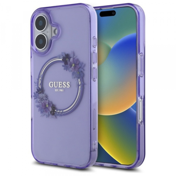 Husa MagSafe pentru Apple iPhone 16, Guess, IML Flowers Wreath, Mov