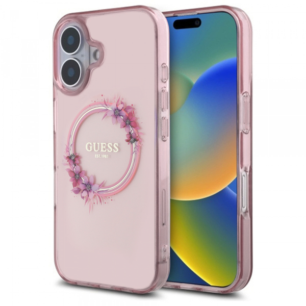 Husa MagSafe pentru Apple iPhone 16, Guess, IML Flowers Wreath, Roz
