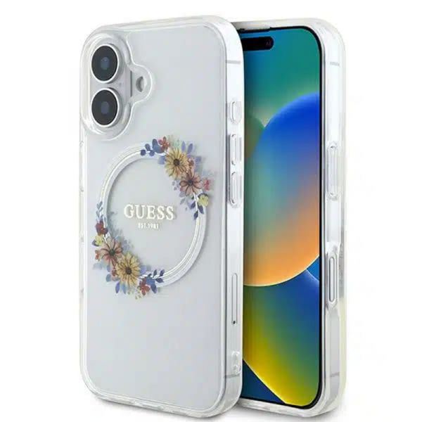 Husa MagSafe pentru Apple iPhone 16, Guess, IML Flowers Wreath, Transparenta