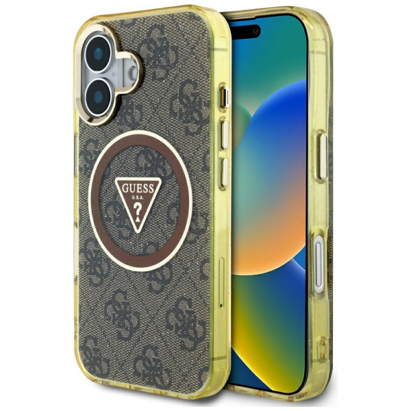 Husa MagSafe pentru Apple iPhone 16, Guess, IML Glitter 4G Circle Triangle, Maro