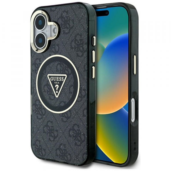 Husa MagSafe pentru Apple iPhone 16, Guess, IML Glitter 4G Circle Triangle, Neagra