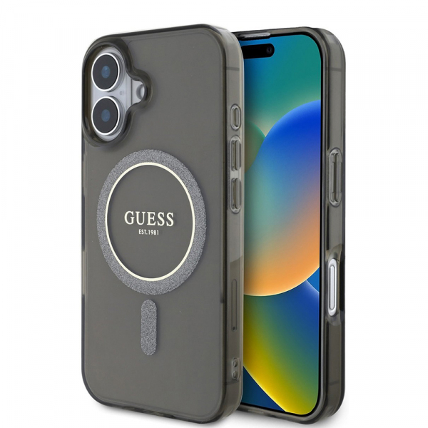 Husa MagSafe pentru Apple iPhone 16, Guess, IML Glitter Circle, Neagra
