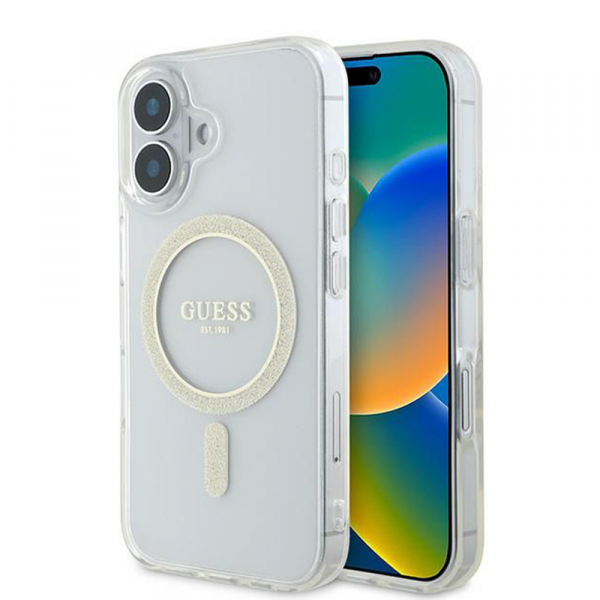 Husa MagSafe pentru Apple iPhone 16, Guess, IML Glitter Circle, Transparenta