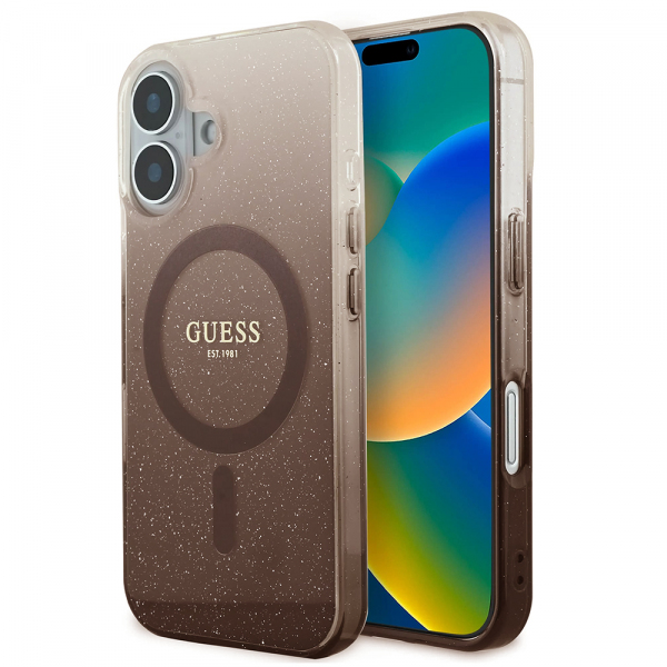 Husa MagSafe pentru Apple iPhone 16, Guess, IML Glitter Gradient, Maro