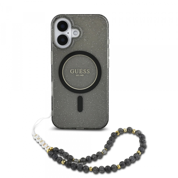 Husa MagSafe pentru Apple iPhone 16, Guess, IML Glitter with Pearl Strap, Neagra