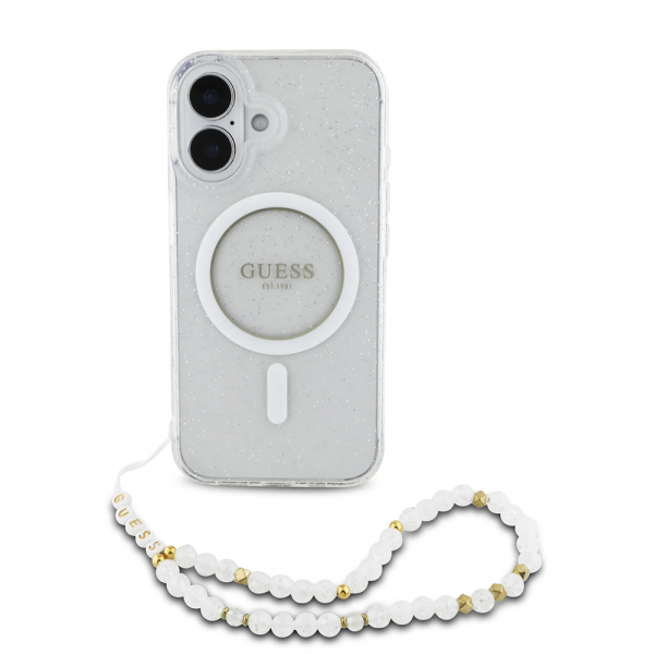 Husa MagSafe pentru Apple iPhone 16, Guess, IML Glitter with Pearl Strap, Transparenta