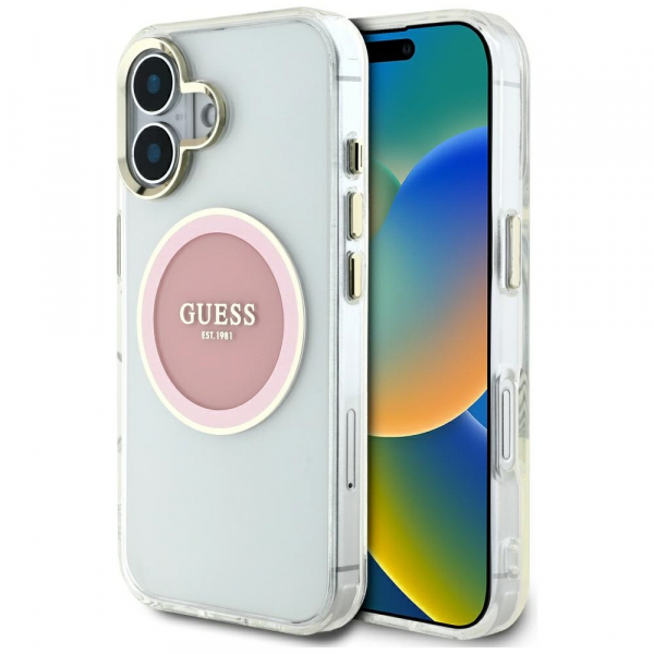 Husa MagSafe pentru Apple iPhone 16, Guess, IML Metal Colored Circle, Roz