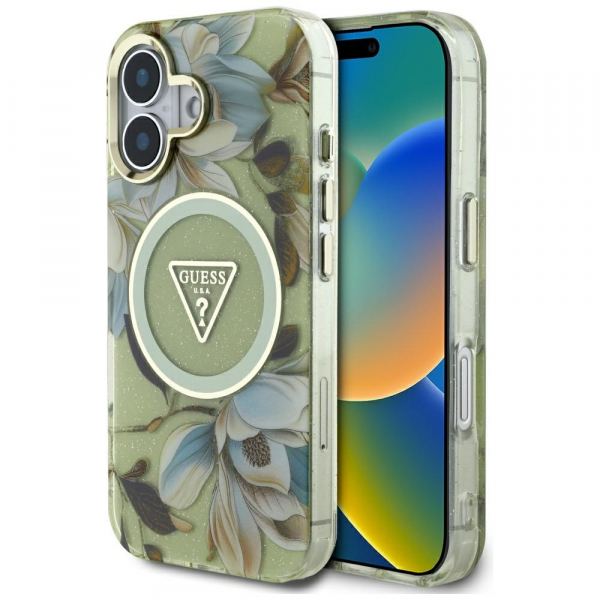 Husa MagSafe pentru Apple iPhone 16, Guess, IML Metal Glitter Flowers Triangle, Verde