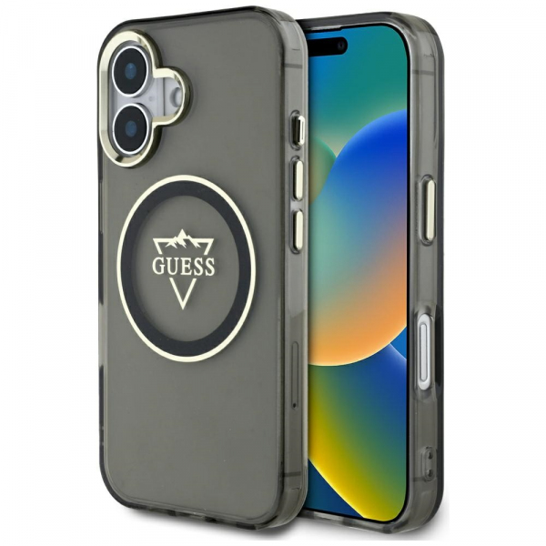 Husa MagSafe pentru Apple iPhone 16, Guess, IML Metal Mountain Logo, Neagra
