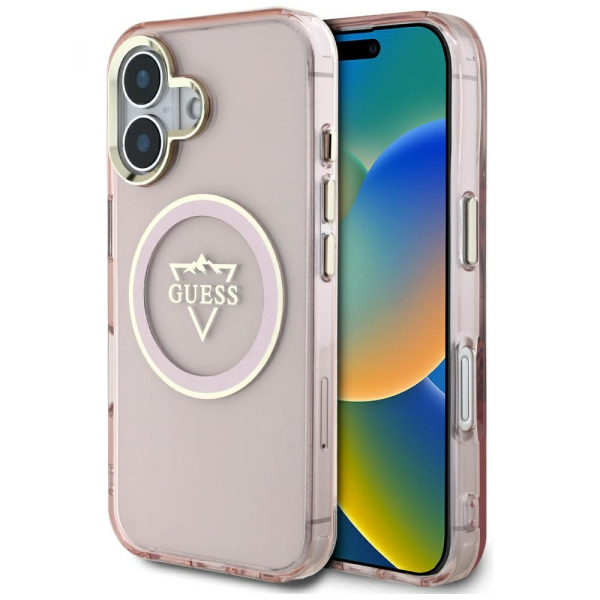Husa MagSafe pentru Apple iPhone 16, Guess, IML Metal Mountain Logo, Roz