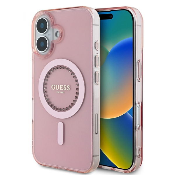 Husa MagSafe pentru Apple iPhone 16, Guess, IML Rhinestones Ring, Roz