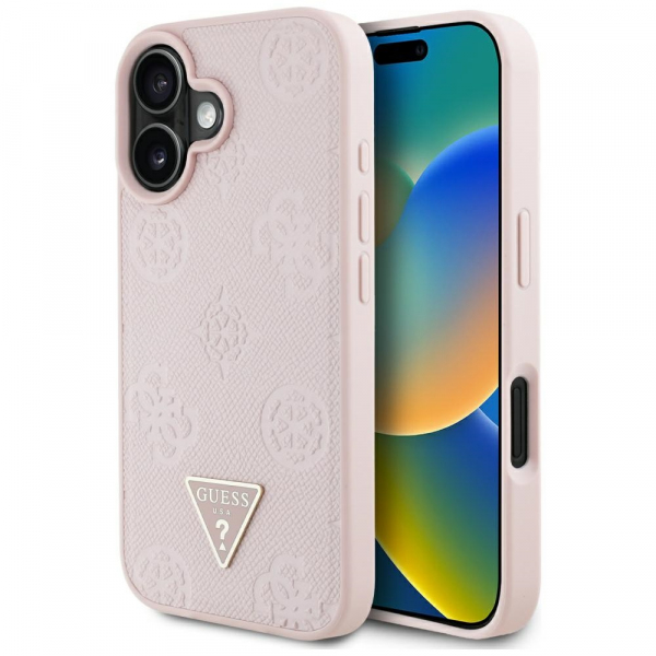 Husa MagSafe pentru Apple iPhone 16, Guess, Peony Grained Hot Stamp Triangle, Roz