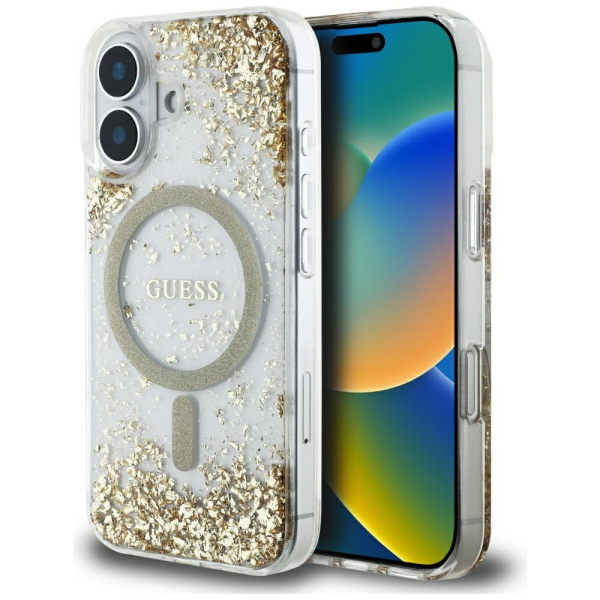 Husa MagSafe pentru Apple iPhone 16, Guess, Resin Bottom Glitter, Aurie