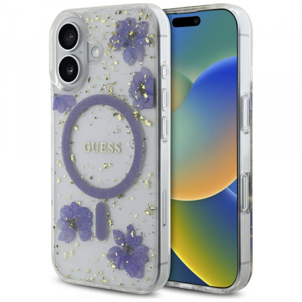 Husa MagSafe pentru Apple iPhone 16, Guess, Resin Flowers and Glitter, Mov