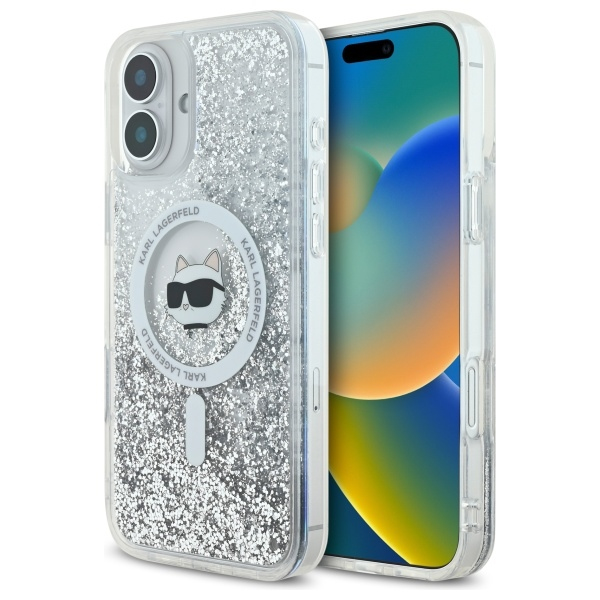Husa MagSafe pentru Apple iPhone 16, Karl Lagerfeld, Glitter Liquid Choupette Head, Transparenta