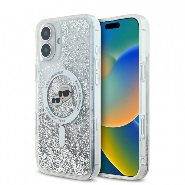 Husa MagSafe pentru Apple iPhone 16, Karl Lagerfeld, Glitter Liquid Karl & Choupette\' s Heads, Transparenta