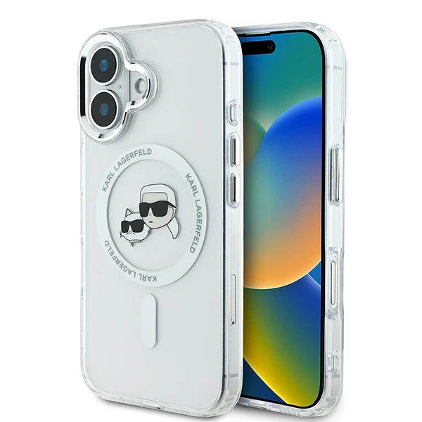 Husa MagSafe pentru Apple iPhone 16, Karl Lagerfeld, IML Metal Karl & Choupette\'s Heads, Alba