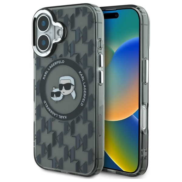 Husa MagSafe pentru Apple iPhone 16, Karl Lagerfeld, IML Monogram Karl & Choupette\'s Heads, Neagra
