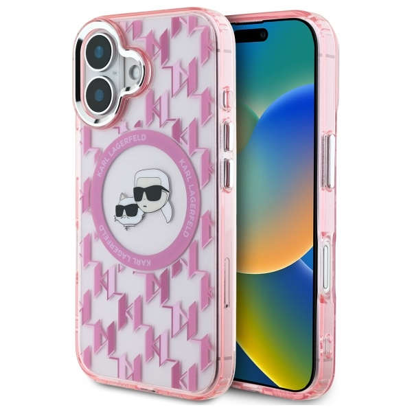 Husa MagSafe pentru Apple iPhone 16, Karl Lagerfeld, IML Monogram Karl & Choupette\'s Heads, Roz