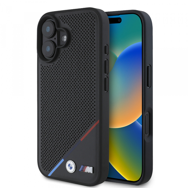 Husa MagSafe pentru Apple iPhone 16 Plus, BMW, M Perforated Tricolor Line, Neagra
