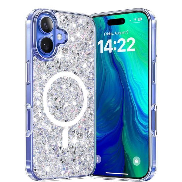 Husa MagSafe pentru Apple iPhone 16 Plus, Techsuit, Sparkly Glitter, Alba