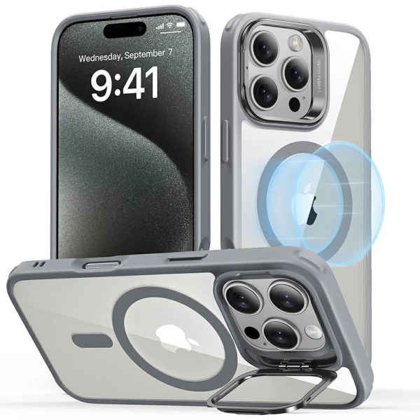 Husa MagSafe pentru Apple iPhone 16 Pro, ESR, Classic Hybrid Kickstand, Gri Transparenta