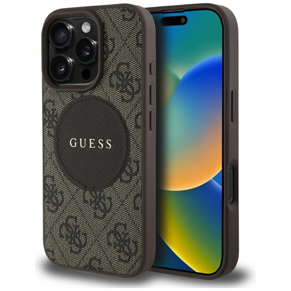Husa MagSafe pentru Apple iPhone 16 Pro, Guess, 4G Circle Classic Logo, Maro