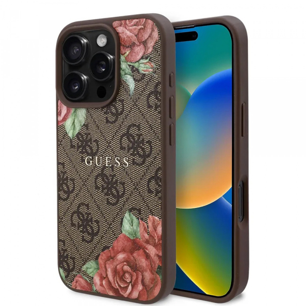 Husa MagSafe pentru Apple iPhone 16 Pro, Guess, 4G Flowers Print, Maro