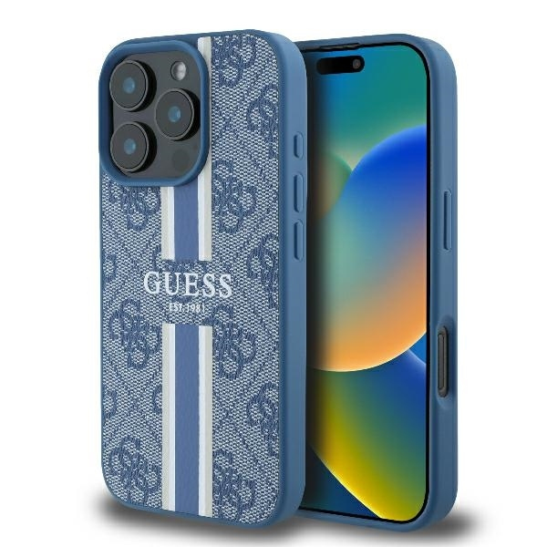 Husa MagSafe pentru Apple iPhone 16 Pro, Guess, 4G Printed Stripes, Albastra