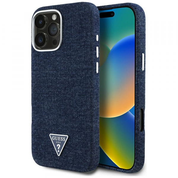 Husa MagSafe pentru Apple iPhone 16 Pro, Guess, Denim Triangle Logo, Albastra