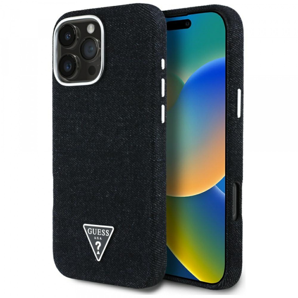 Husa MagSafe pentru Apple iPhone 16 Pro, Guess, Denim Triangle Logo, Neagra