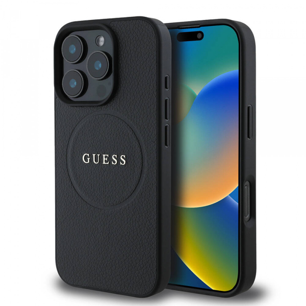 Husa MagSafe pentru Apple iPhone 16 Pro, Guess, Grained Gold Ring, Neagra