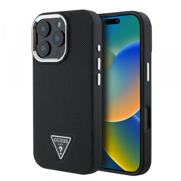 Husa MagSafe pentru Apple iPhone 16 Pro, Guess, Grained Triangle Logo, Neagra