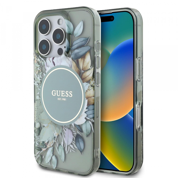 Husa MagSafe pentru Apple iPhone 16 Pro, Guess, IML Flower & Tonal Circle, Verde